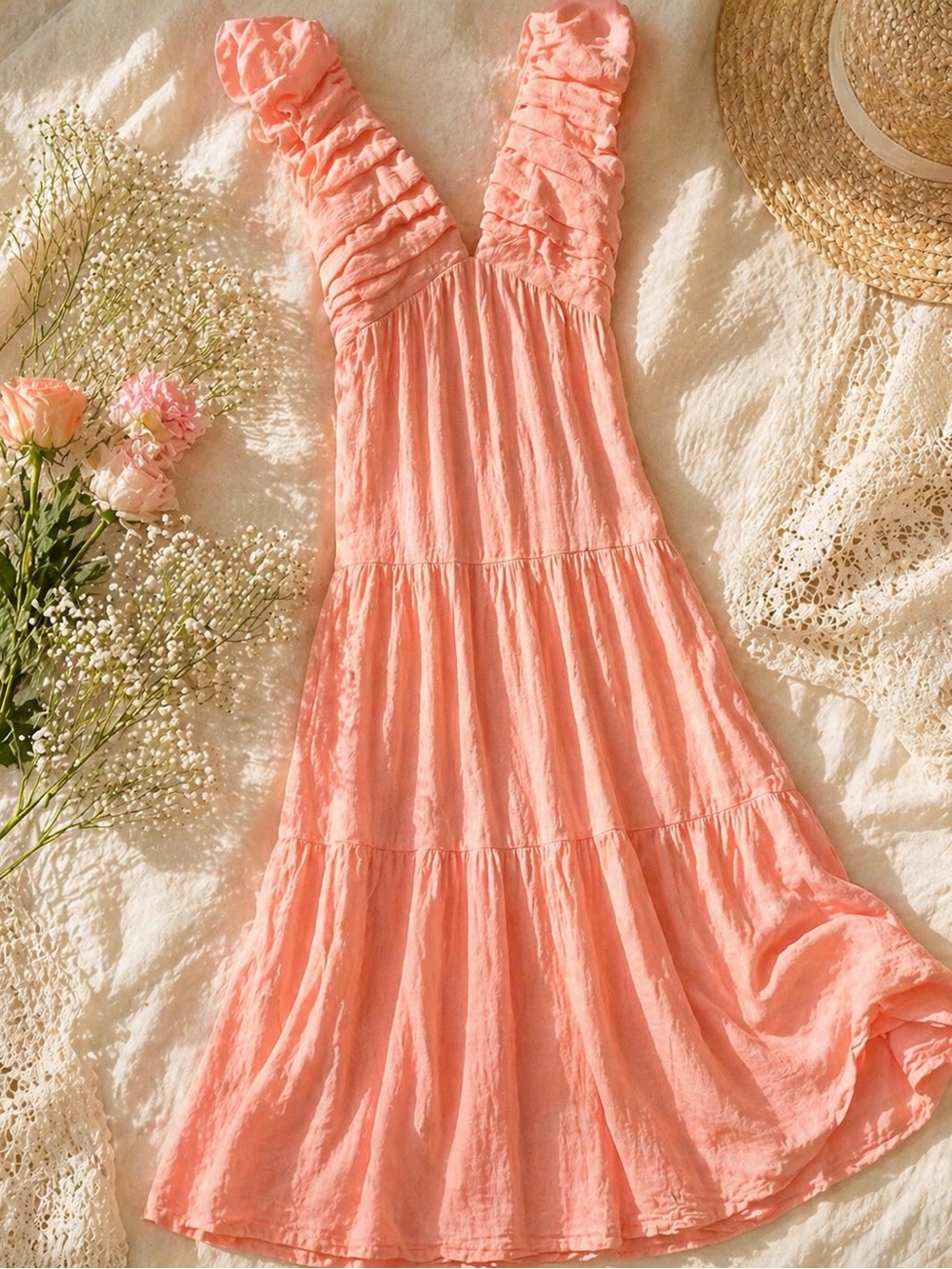 NWT Hunter & Brown Peach Maxi Dress XS Ruffle Strap Tiered Boho Cottagecore